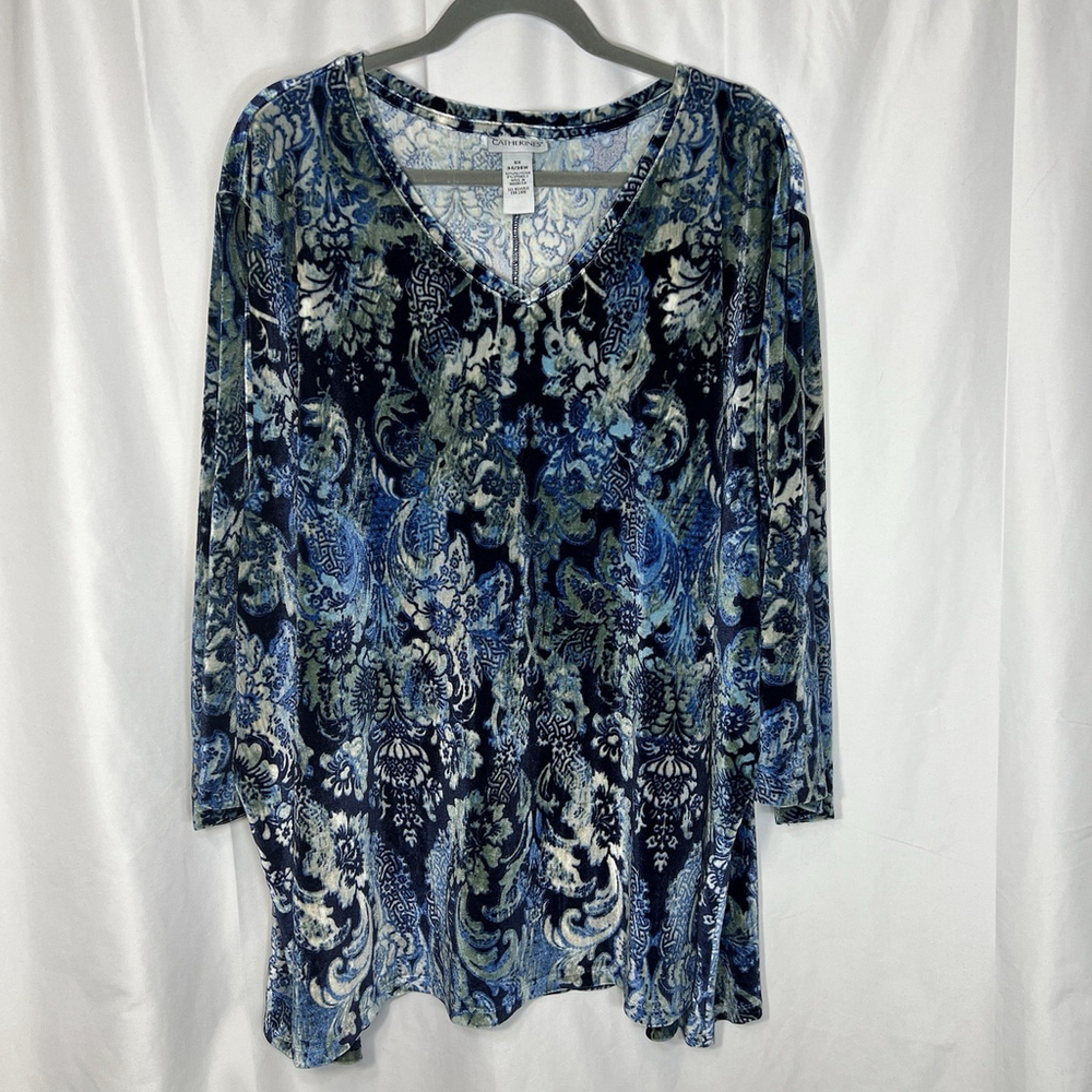 Catherines Women’s Plus Size 5X Velvet Blue Floral Print 3/4 Sleeve V Neck Tunic